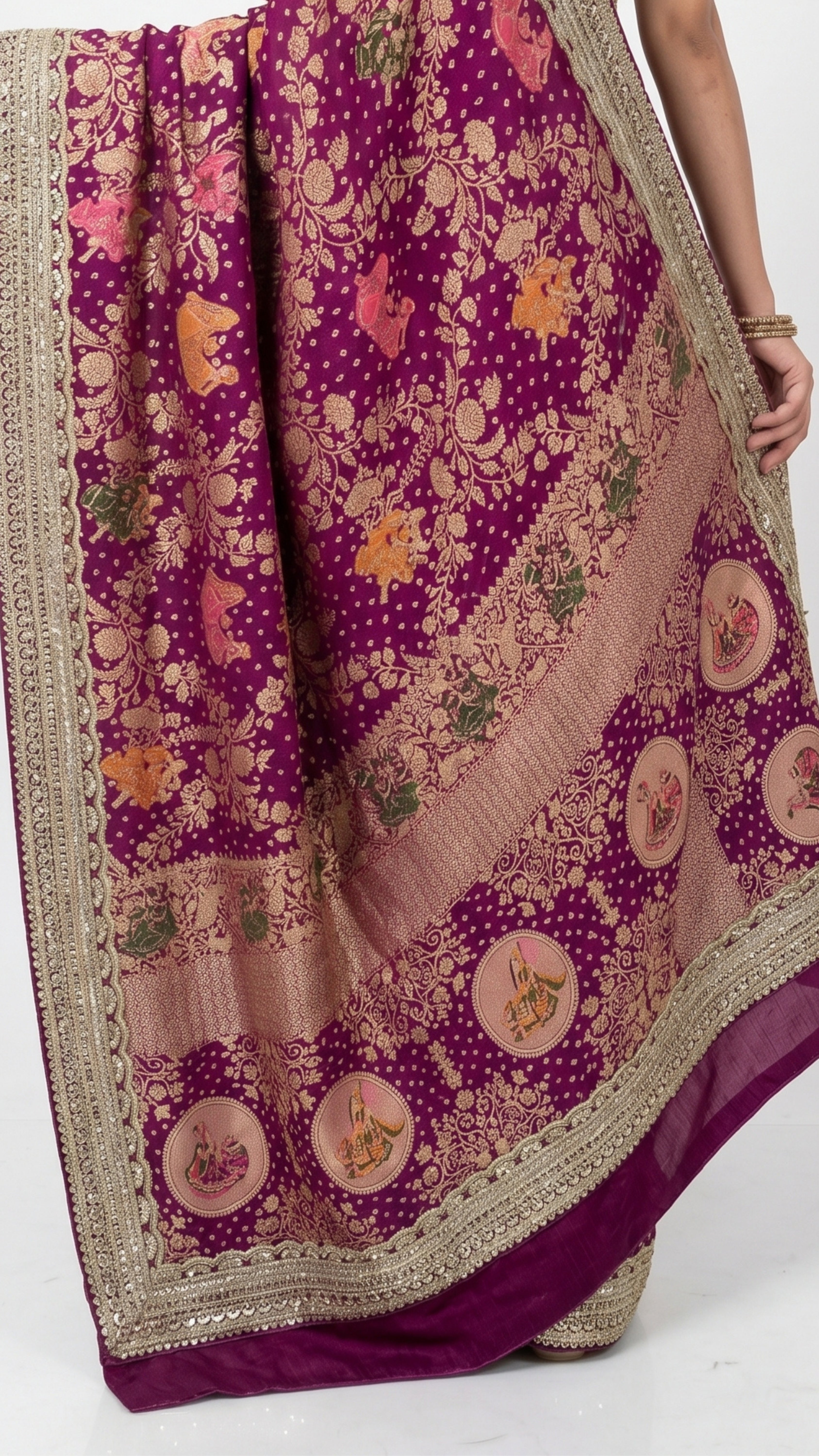 Red Georgette Unstitched Saree with Zari, Cutdana & Sequins Work and Heavy Lace Border